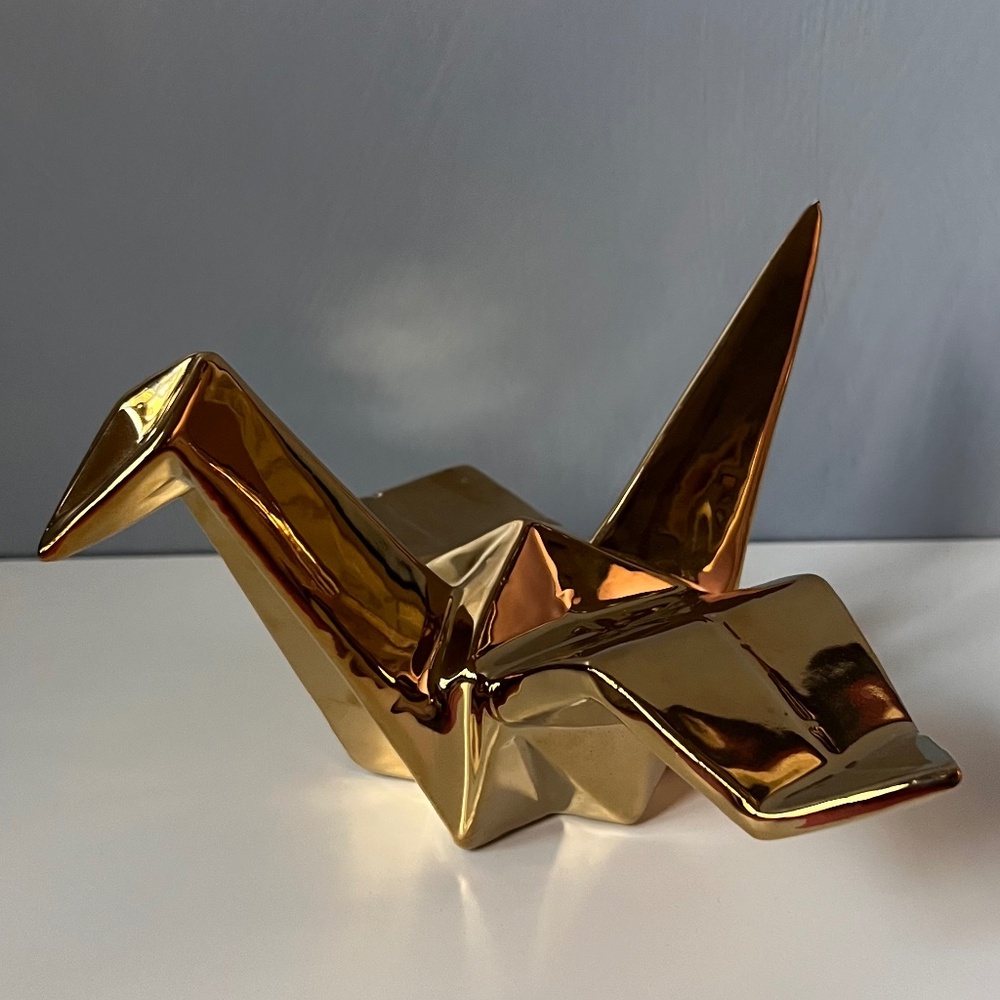 Gold Tone Metal Origami Crane Sculpture Modern Geometric Decor 10”